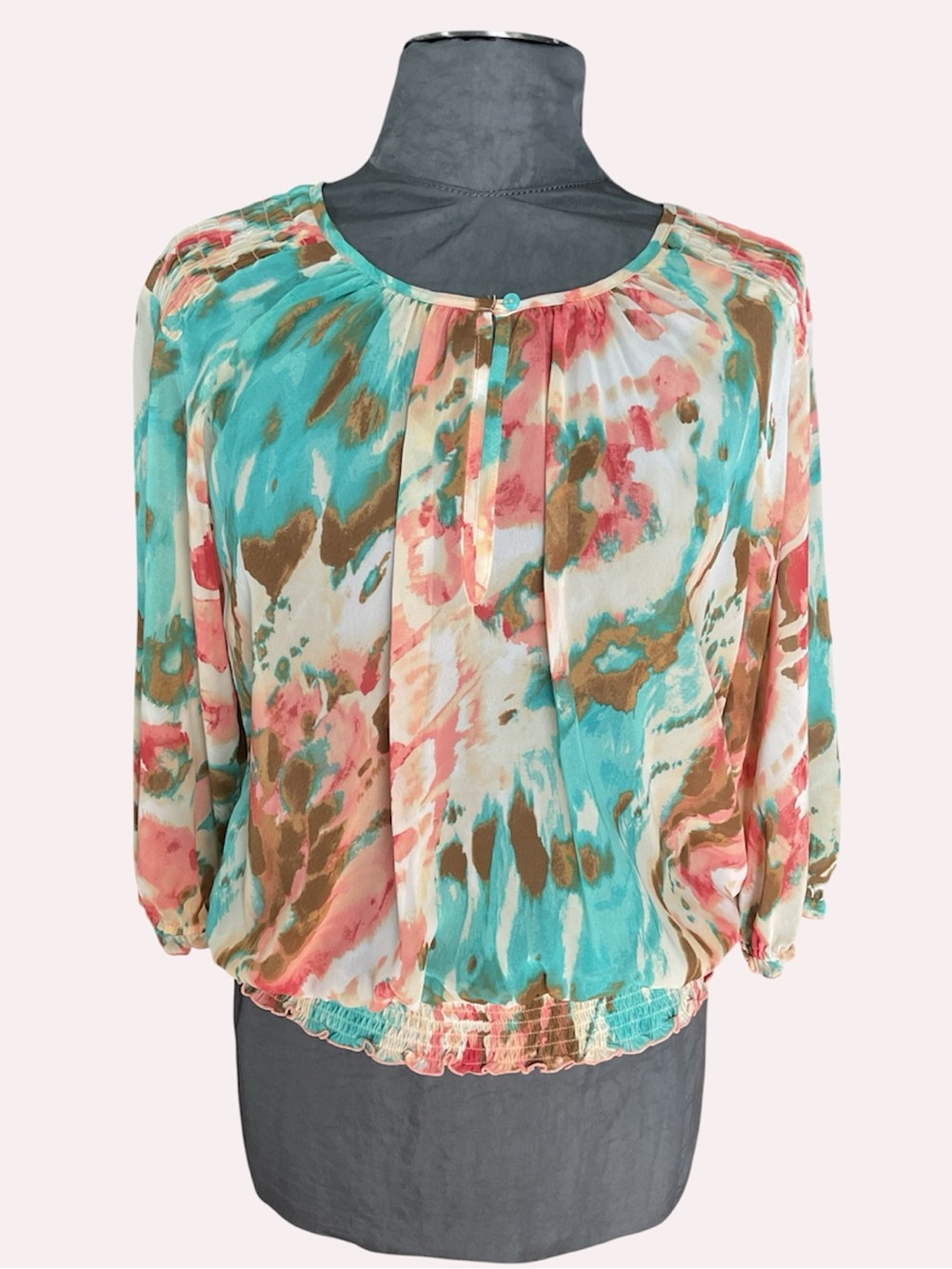 Apt. 9 Flowy Multicolor Watercolor Abstract Peasant Blouse Turquoise Coral Pte L